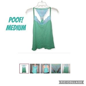 Poof! Medium blue/green tank with lace trim racerback